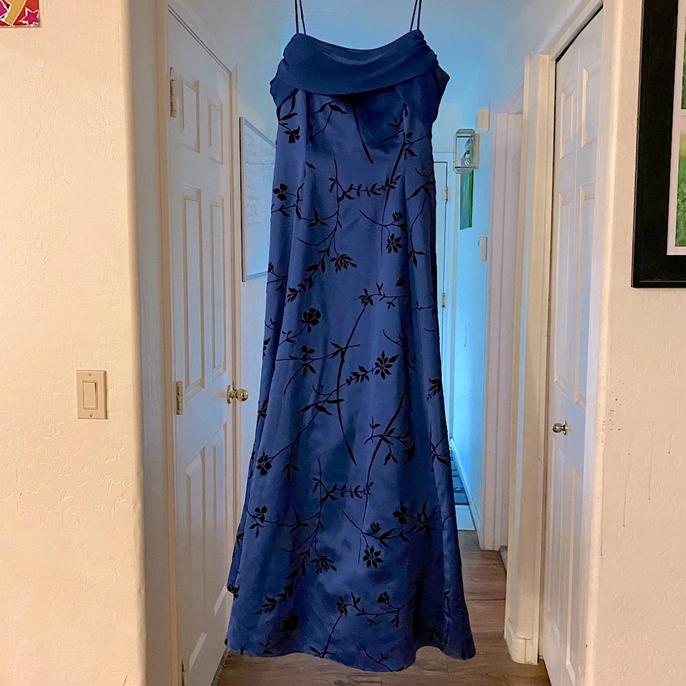 Navy blue Satin velvet gown with chiffon accent